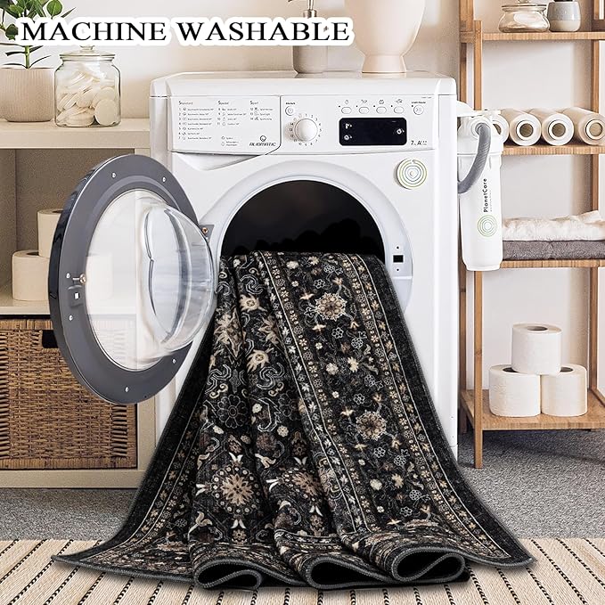Ruaruarug Washable Area Rug 4x6 for Living Room, Bedroom, Ultra Soft Non Slip Stain & Fade Resistant, Pet & Kids Friendly, Suitable for High Traffic Areas Easy to Clean for Office Kitchen, Black Grey