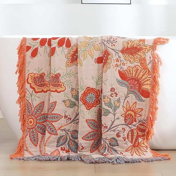 Boho Fall Throw Blanket for Bed,100% Ultra Cotton Soft Breathable Bed Throw Floral Decorative Cottage Farmhouse Decor Rustic Jacquard Bed Throws for Couch Sofa Quilt 60" x 80"-Orange& Sage Green