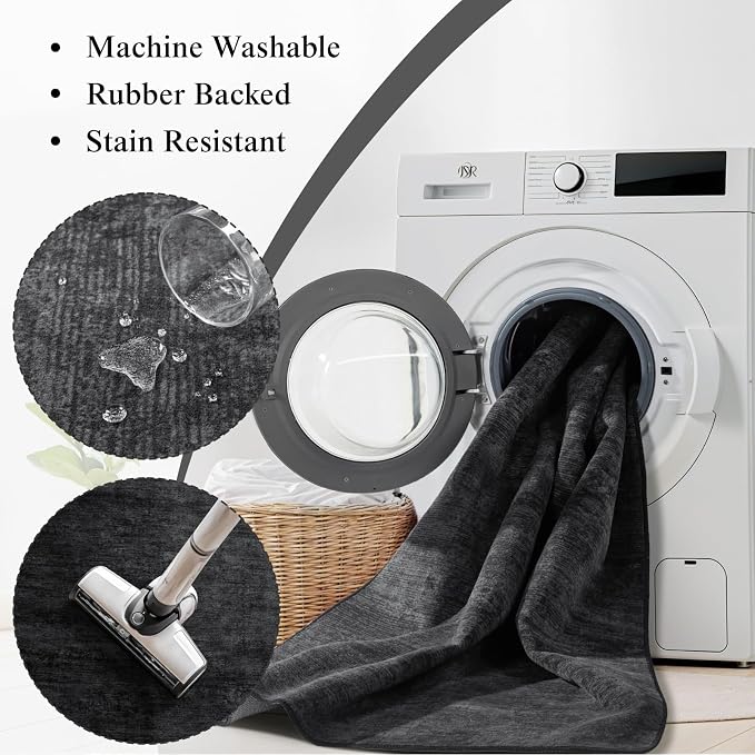 LIANLAM 8 FT Washable Rug, Black Solid Round Rugs for Living Room & Bedroom | Stain-resistant & Non-slip backing,Low Pile Washable Large Carpet, Solid Vintage Style For High Traffic Areas(8 FT,Black)