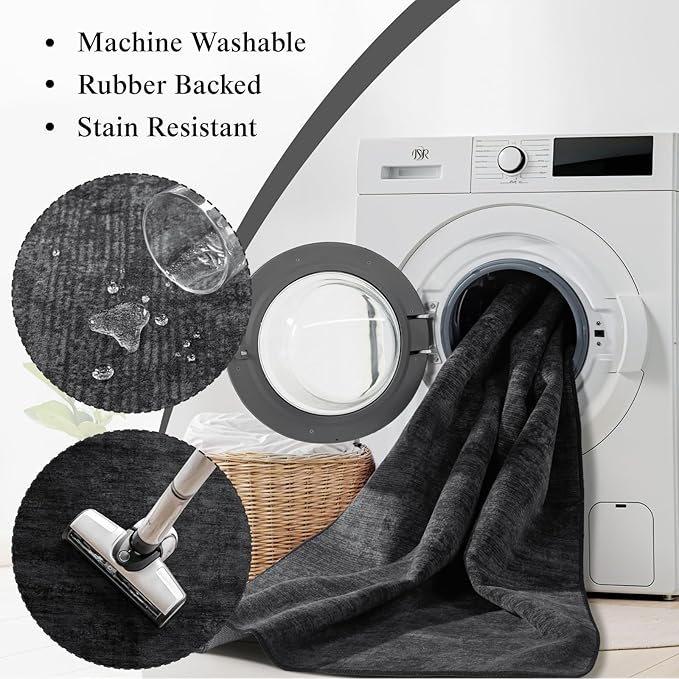 LIANLAM 6 FT Washable Rug, Black Solid Round Rugs for Living Room & Bedroom | Stain-resistant & Non-slip backing,Low Pile Washable Large Carpet, Solid Vintage Style For High Traffic Areas(6 FT,Black)
