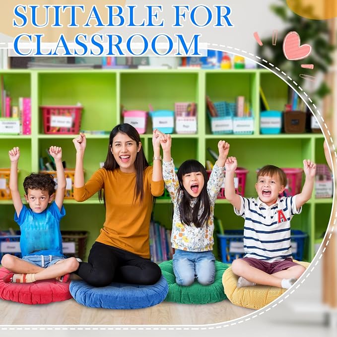 Jerify 6 Pcs Floor Pillow Cushions Large Round Square Large Meditation Floor Pillow for Classroom Adult Meditation Picnic Party Seating Learning Daycare School (Round,Rainbow Color)