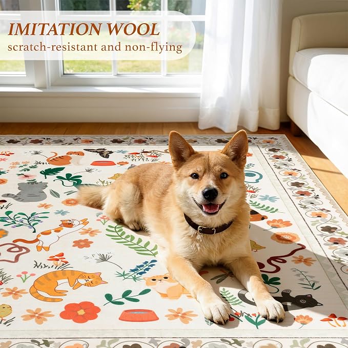 LIANLAM 2x6 Cat Themed Runner Rug for Hallway & Kitchen, Washable Non-Slip Long Carpet with Playful Feline Prints, Pet Friendly & Easy Clean Low Pile Floor Mat(2x6,Beige)