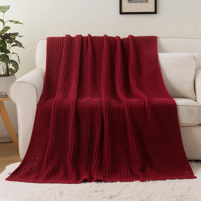 Bunnikins & Clover Christmas Throw Blanket for Couch, Knitted Waffle Throw Blanket, Red Blanket Throw for Women Mothers Birthday Gifts, 60"x80"