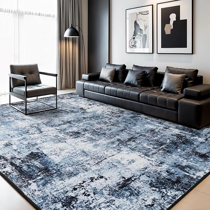 Rugflix 8x10 Area Rugs for Living Room, Washable Large Rug Stain-Resistant Low Pile, Modern Dark Carpet for Dining Room Home Office Kid Room Nursery Bedroom, Navy Blue/Black