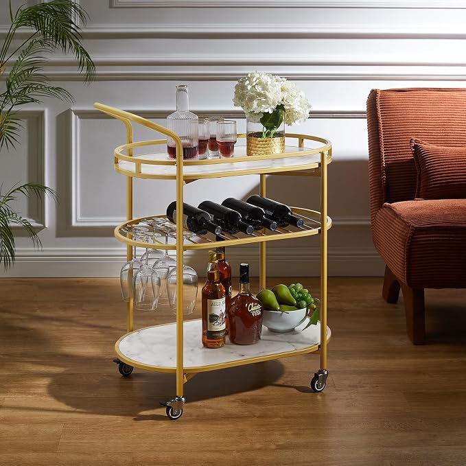 Square Gold Bar Carts with 3 Tier Storage Shelves Holder Home and Rotating Wheels for Home Kitchen, Bar, Dinning Room and Living Room, Easy Assembly