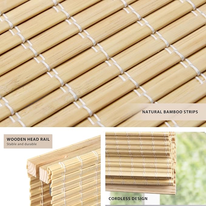 LazBlinds No Drill Bamboo Roman Shades, 26x64, DP-Natural | Privacy Room Darkening Window Treatment, No Tools Cordless Roll Up Bamboo Blinds for Window