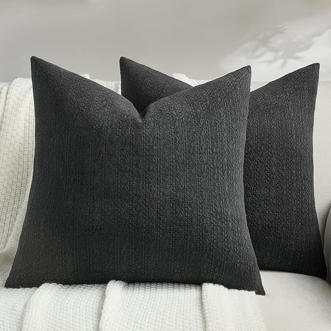 FUTEI Black Chenille Throw Pillow Covers 22x22 Inch Set of 2,Soft Striped & Diamond Textured Cushion Cases,Modern Home Decor for Couch Living Room