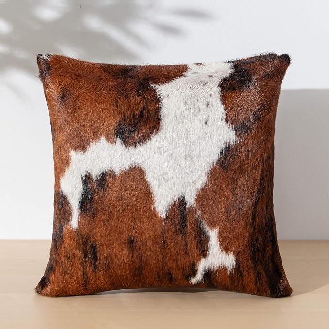 ecowhides 100% Genuine Brazilian Cowhide Pillow Cover – Tricolor, Brown, Black & White – Single-Sided – Luxury Leather Decorative Cushion for Rustic & Western Home Décor – 15” x 15”