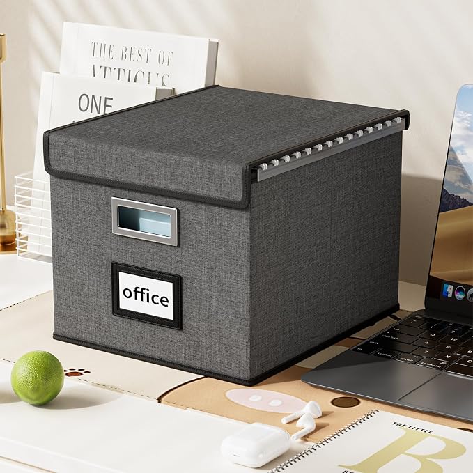 File Organizer Box with Lid, Collapsible File Folder Organizer for Office Document Storage, Filing Box with Plastic Slide for Letter/Legal Size Hanging Files, Dark Grey