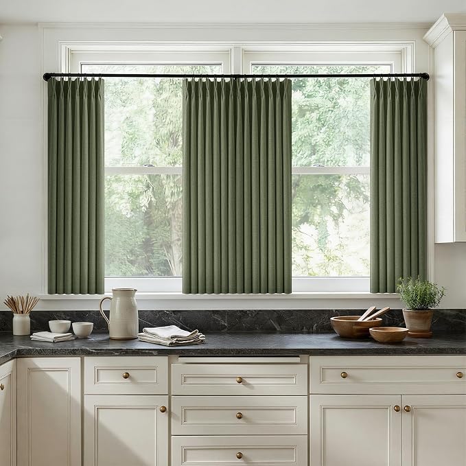 36 Inch Pleated Linen Curtains 36 Inch Length 2 Panel Set Memory Trained Pinch Pleated Privacy Semi Sheer Light Filtering Short Kitchen Window Curtain Thick Loden Olive Green Mini Cafe Small Drapes