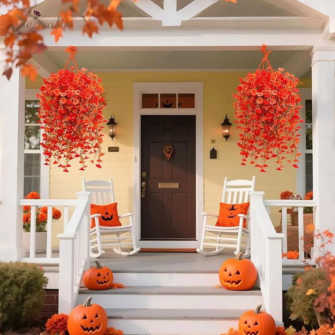 Serwalin 4PCS Artificial Fall Flowers for Outdoors, UV Resistant Fake Silk Artificial Hanging Plants Outdoor for Porch Patio Balcony Outdoor Planter Garden Yard Fall Decor(Orange&Red,4PCS)