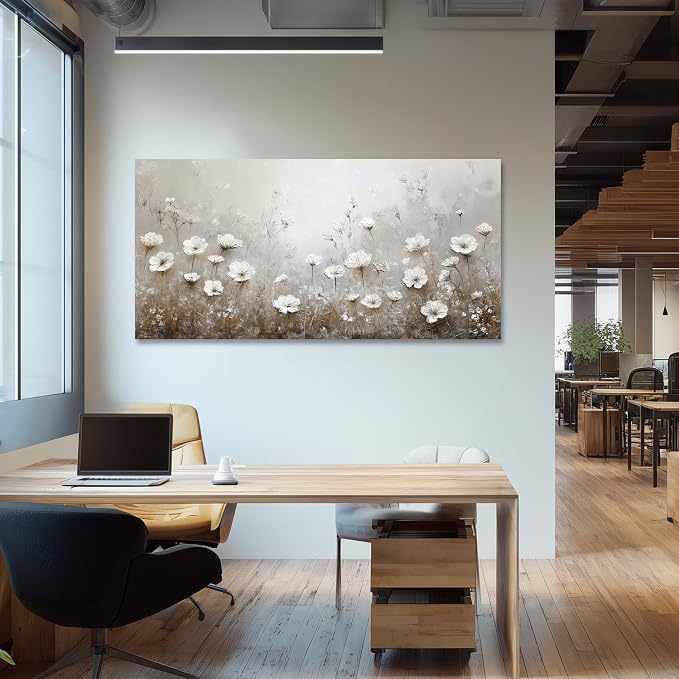 Ggaafet White Floral Wall Art for Living Room Canvas Oil Painting Prints Flower Landscape Scenic Nature Art Deco Retro Rustic Artwork Office Bedroom Farmhouse Room Decor Large
