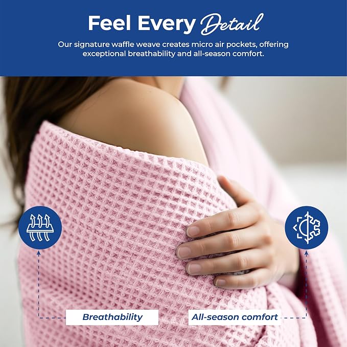THREAD SPREAD 100% Cotton Waffle Blanket Queen Size - Soft Lightweight Breathable Waffle Weave Queen Blanket for All Season, Textured Throw Blankets for Bed, Sofa, Hotel, Hospital - Light Pink