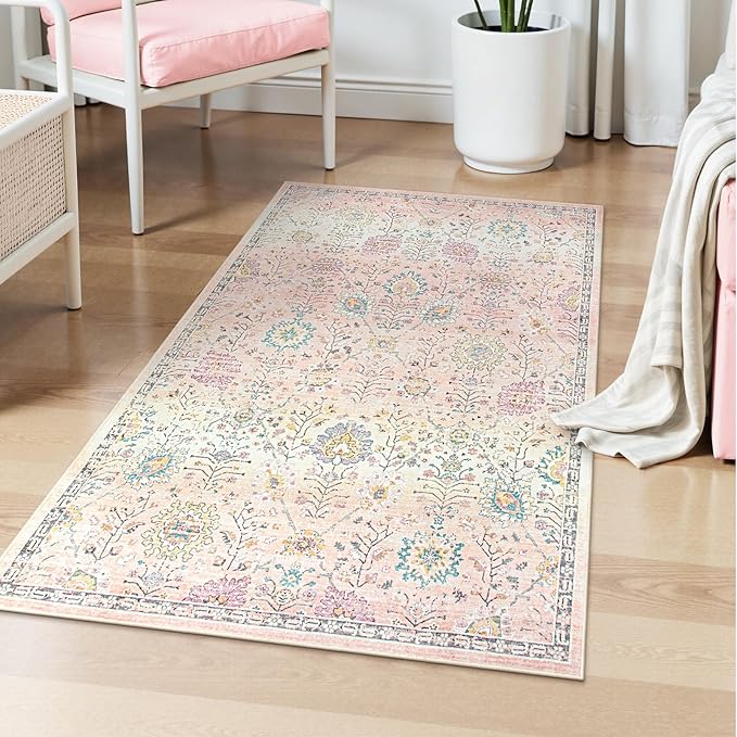 Lahome Girls Bedroom Pink Rug 3x5, Soft Washable Floral Area Rug with Non Slip Backing, Small Light Pink Carpet for Dorm Room, Nursery and Kids Room