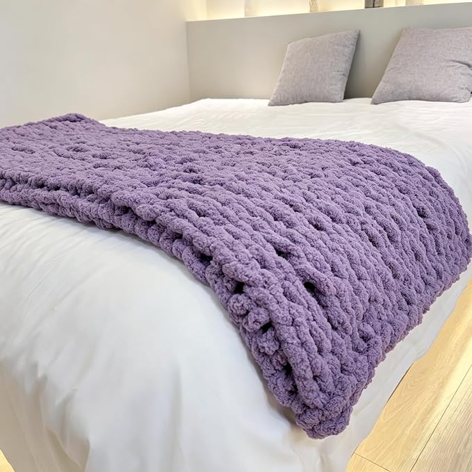 Soft Chunky Knit Throw Blanket for Couch, Cozy Warm Knitted Blankets | Hand Knit with Jumbo Chenille, Lightweight Warm Fluffy Decor for Women, Mom, Her & Girls, Sofa, Chair, Bed, 40"×40"(Purple)