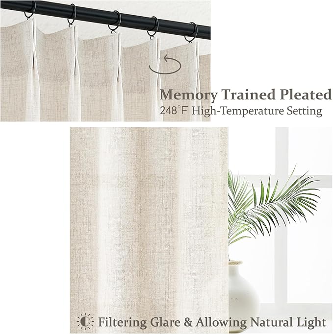 Birch Memory Trained Pleated 98 Inch Long Curtains 2 Panels Set for Patio Sliding Glass Door, Light Filtering Curtain Thick Natural Linen Textured Semi Sheer Drapes for 96-98 Inches Length Windows