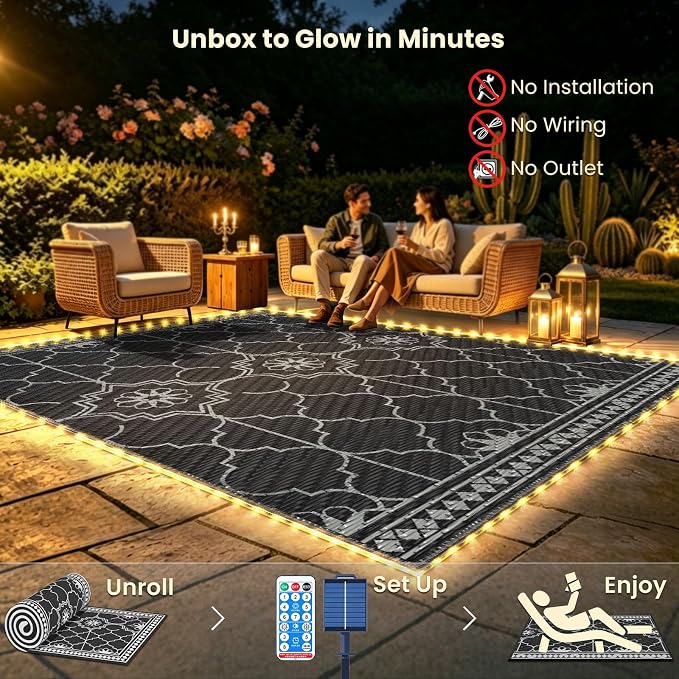 8x10Ft Outdoor Rug, Solar Powered Outdoor Rug with 113LEDs Strip Lights for House Deck, Waterproof Plastic Reversible Outdoor Straw Rugs, Rugs RV Camping Patio Courtyard Beach Picnic(Black Gray)