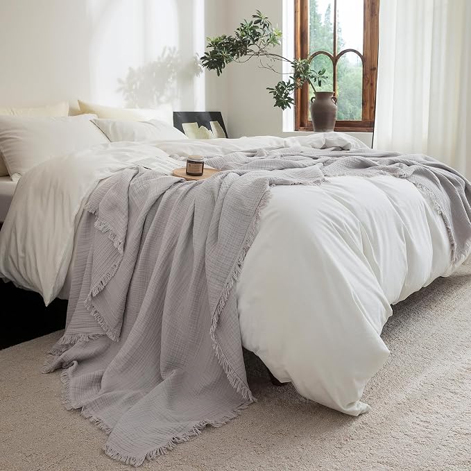 FOSSA Muslin Blanket: 4-Layer 100% Cotton Gauze Blanket with Fringe 98"x98" | Super Soft Breathable Lightweight All Season & Decorative Blanket or Bed, Sofa, Office (Grayish,Oversize Queen)