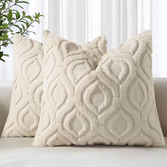 decorUhome Throw Pillow Covers 22x22 Inch Set of 2, Soft Plush Faux Wool Beige Solid Couch Pillow Covers, Accent Euro Sham Farmhouse Neutral Square Pillow Cases for Sofa Bed Living Room