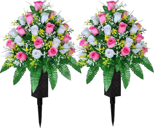 LVXINLI Artificial Cemetery Flowers, Gravesite Decoration Roses, Memorial Bouquets with Cemetery Vase, Vibrant and Long-Lasting Colors (Pink+White, 2 Bundles)