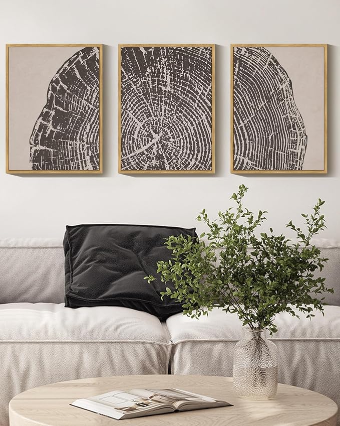 PHOPAGO Farmhouse Vintage Framed Wall Art Set Gray Wood Tree Ring Spirals Nature Abstract Drawings Rustic Modern Art Decor for Living Room Bedroom - 11x14in Natural Framed