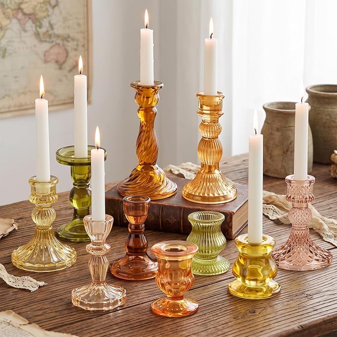 Mumufy 10 Pcs Glass Crystal Taper Candle Holders Clear Glass Candlestick Holder Fit 0.8 Inch Candles Crystal Decorative Candle Stand Centerpiece Table Wedding Dining Party (Classic,Orange Yellow)