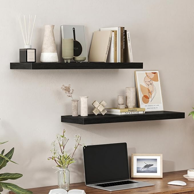 Heimlove 32 Inch Floating Shelves for Wall,Black 9.3" Deep Floating Shelf Set of 2,Wall Mounted Shelves for Bathroom Bedroom Living Room Kitchen Office,Shelf for Books Storage Room,Home Decor