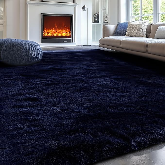 PAGISOFE Dark Navy Blue Rugs for Living Room 5x8 Ft, Plush Area Rugs for Bedroom, Non-Shedding, Indoor Furry Floor Rugs for Nursery Playroom, Shag Carpet for Kids Room Decor Aesthetic, Dark Blue