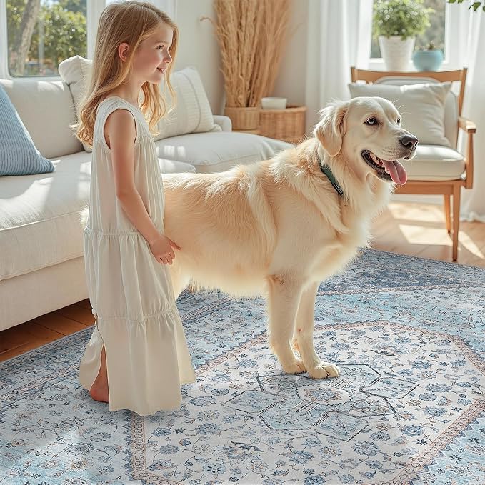 DCX Blue 8x10 Rug, Machine Washable Stain Resistant Kid & Pet Friendly with Rubber Back Non Slip Vintage Rug for Living Room, Bedroom, Home Office, Soft Low Pile Large Carpet