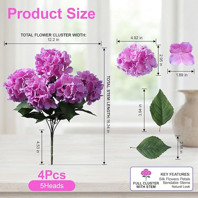 Ivydale Artificial Flowers for Outdoors, 4 PCS Purple Fuchsia Fake Silk Hydrangea Flower Stems for Bouquets UV Resistant Realistic Faux Plants Home Outdoor Wedding Party Centerpieces Decor