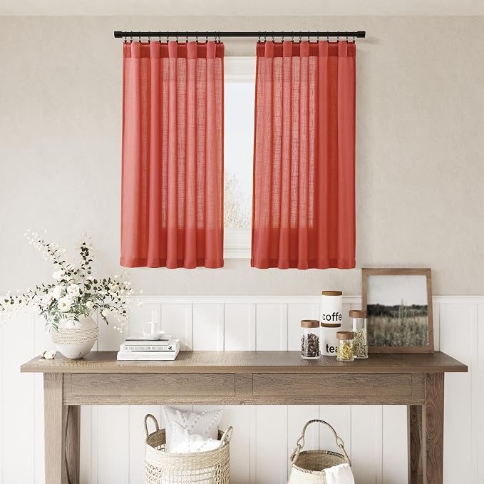 Brick Red Kitchen Tier Curtains 24 Inch Length Linen Blend Privacy French Country Light Filtering Short Curtain with Rod Pocket Back Tab for Over Sink Window Bathroom Laundry 2 Panels 30Wx24L