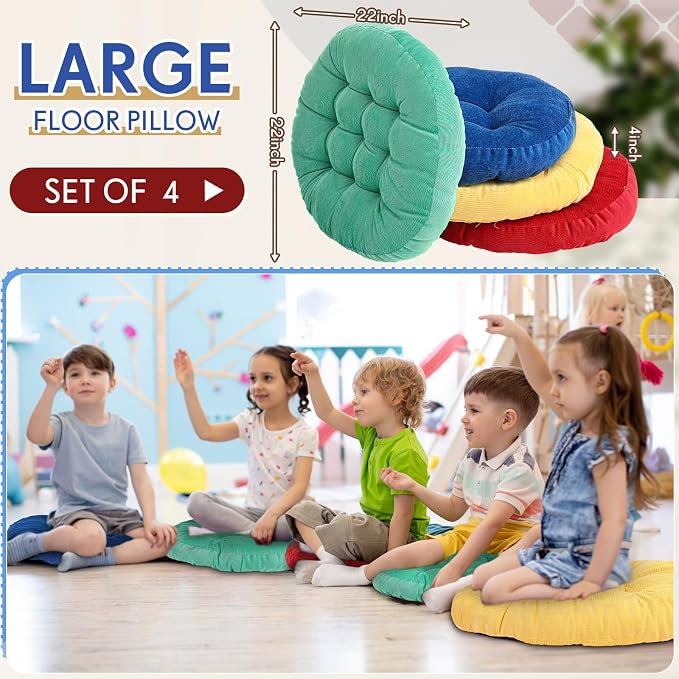 Jerify 4 Pcs Floor Pillow Cushions Large Round Square Large Meditation Floor Pillow for Classroom Adult Meditation Picnic Party Seating Learning Daycare School (Round,Colorful)