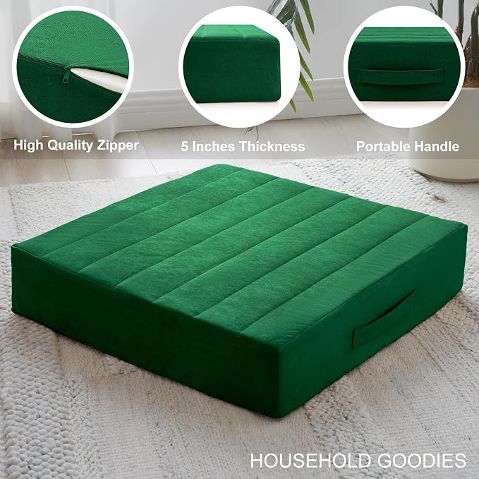 JKMAX 2 Pcs High Density Foam Floor Pillow - Upgraded Large Pillows Seating for Adults - Outdoor Floor Cushion with Soft Tufted Cover - Yoga Pillows for Sitting On Floor - 22 Inch Green