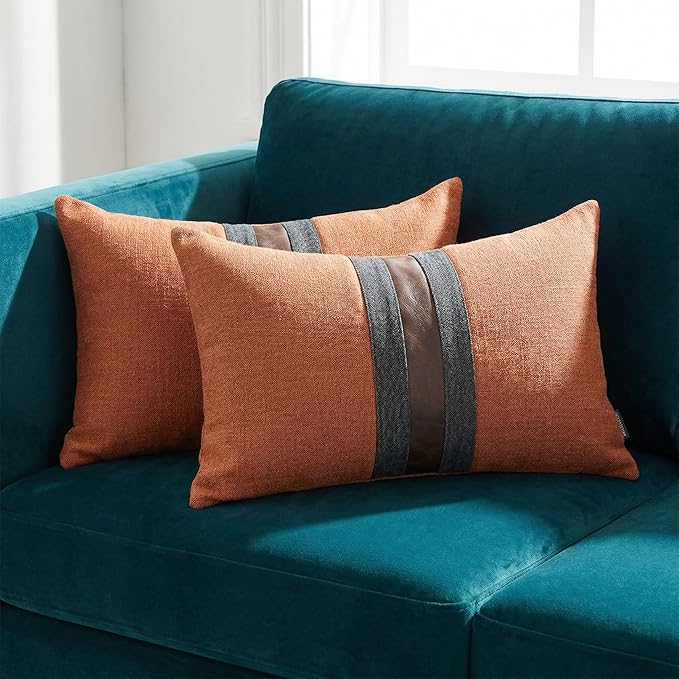 BOYSUM Set of 2 Leather Throw Pillow Covers Lumbar Cotton Linen Decor Patchwork Pillow Cover Faux Leather Pillows Cover for Couch Sofa Living Room Bedroom,Orange 12"x20"