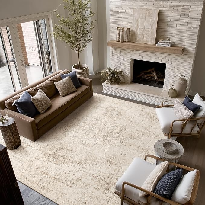 Machine Washable Rugs for Living Room: 6x9 Area Rugs for Bedroom Ultra Soft Non-Slip Low Pile Vintage Distress Boho Large Carpet for High-Traffic Dining Room - Farmhouse Decor