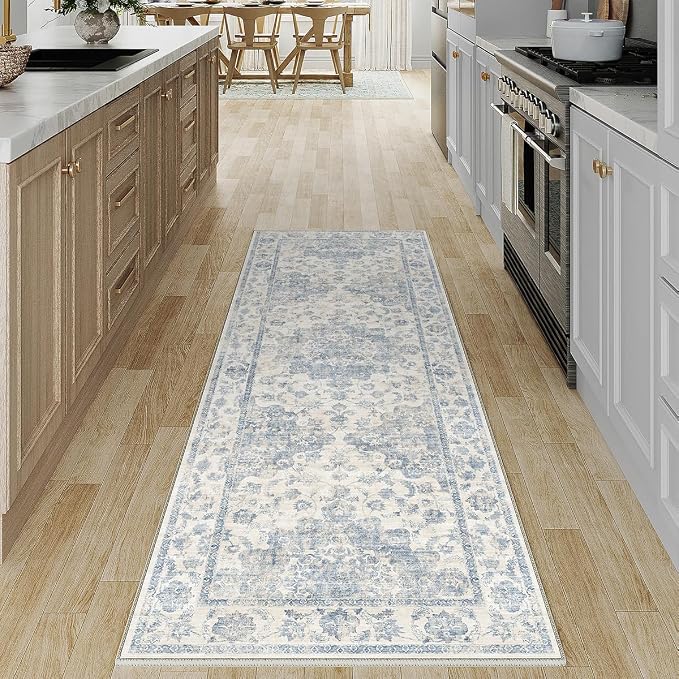 2x5 Washable Neutral Runner Rug Blue Vintage Hallway Kitchen Carpet Non-Slip Soft Low Pile Farmhouse Throw Rug for Bedroom Bathroom Laundry Living Room