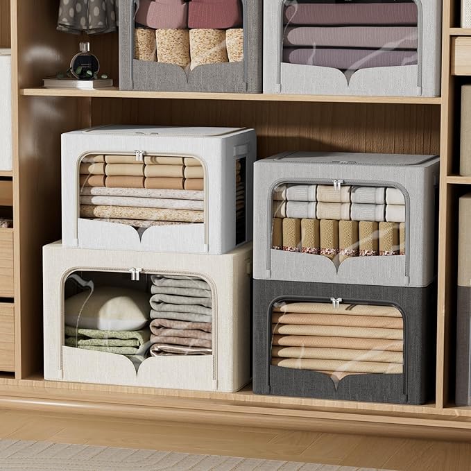 FHSQX 3 Pack Clothes Storage Bins - Foldable Metal Frame Storage Box - Stackable Linen Fabric Container Organizer Set with Carrying Handles and Clear Window (Beige, 15.7x11.8x7.8inch(22L))
