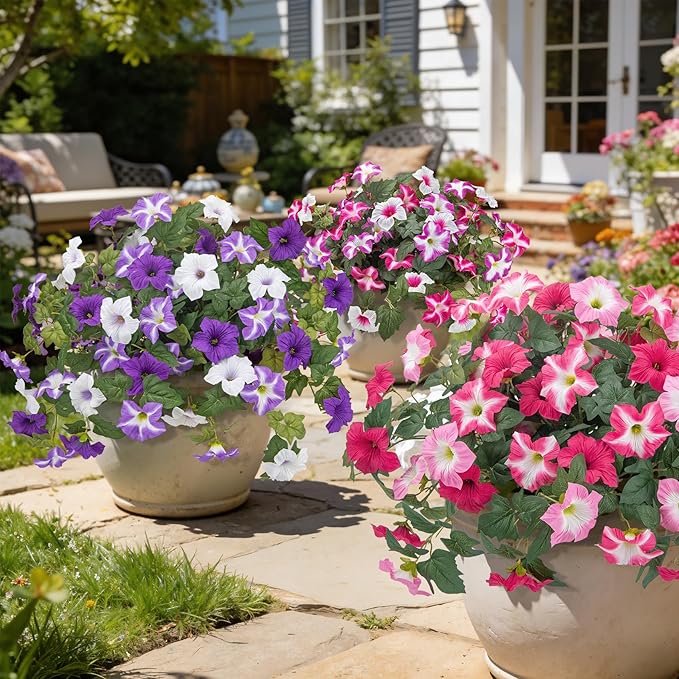 Ouddy Decor 3 Pcs Artificial Flowers for Outdoors Decorations, Fake Silk Petunias Flowers Faux Plants UV Resistant for Garden Porch Window Box Balcony Yard Planter Spring Summer Home Decor, Purple