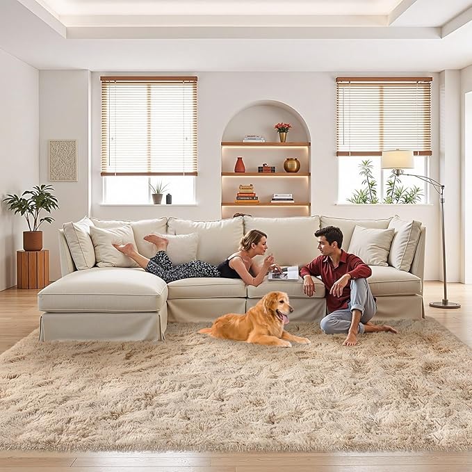 FinRèc Tan Rugs for Bedroom Living Room, 4x6 Feet Fluffy Plush Area Rug, Non-Slip High Pile Shaggy Rug for Kids Room Dorm Room Home Decor, Indoor Solid Shag Floor Carpet
