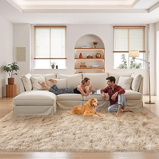 FinRèc Tan Rugs for Bedroom Living Room, 5x8 Feet Fluffy Plush Area Rug, Non-Slip High Pile Shaggy Rug for Kids Room Dorm Room Home Decor, Indoor Solid Shag Floor Carpet