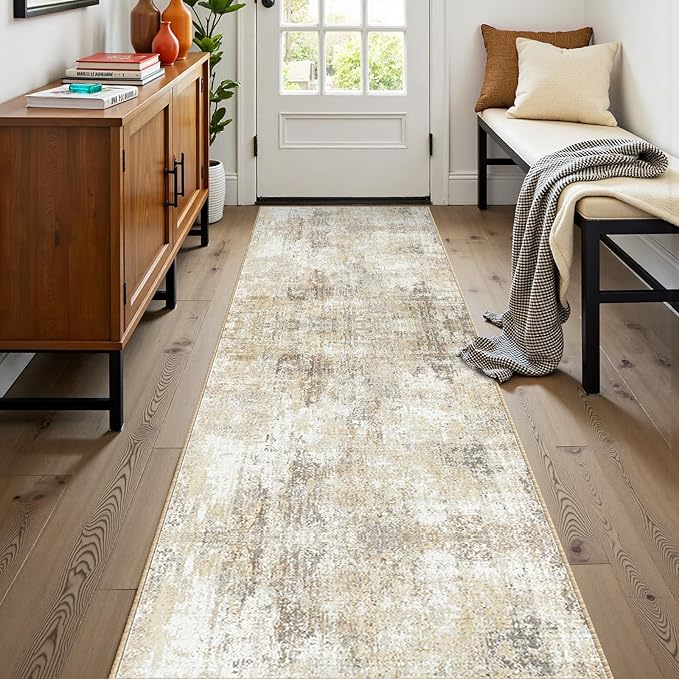 RELEANY Washable Area Rugs 2'x8' Non-Slip Modern Abstract Soft for Living Room Entryway Bedroom Nursery, Print Pattern, Neutral Brown Gray