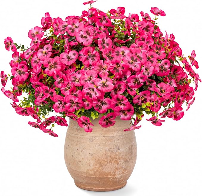 24 Pcs Artificial Fake Pansy Flowers for Outdoor,Faux Silk Plants Flowers UV Resistant Pansies Spring Flowers for Planter Front Door Porch Yard Patio Garden Window Box Home Decor(Dark Pink)
