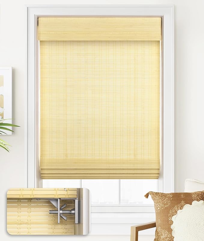 LazBlinds No Drill Bamboo Roman Shades, 20x64, Ceylon Natural | Light Filtering Window Treatment, No Tools Cordless Roll Up Bamboo Blinds for Window