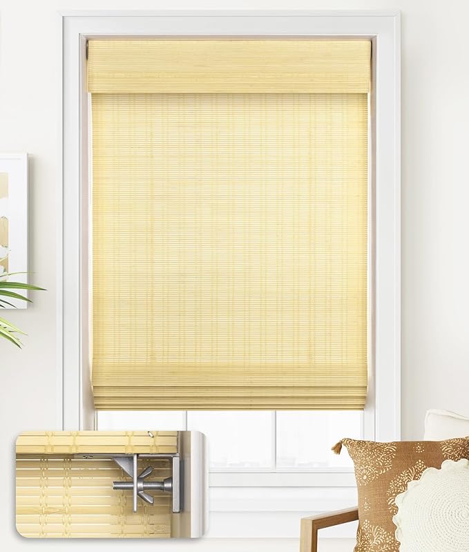 LazBlinds No Drill Bamboo Roman Shades, 28x64, Ceylon Natural | Light Filtering Window Treatment, No Tools Cordless Roll Up Bamboo Blinds for Window