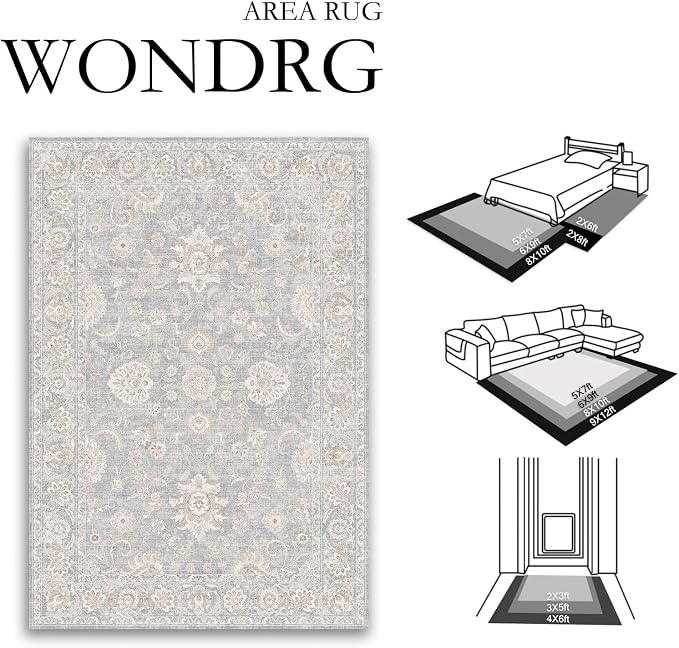 6x9 Blue Cream Washable Area Rug for Living Room Bedroom Neutral Floral Soft Non Slip Rug Low Pile Distressed Carpet for Dining Room Nursery Office Indoor
