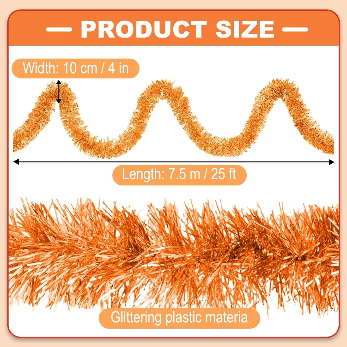 Macaron Metallic Twist Tinsel Garland - 25ft Wall Hanging Backdrop for Christmas, New Year & Valentine's Day Parties (Orange, 4in x 25ft)