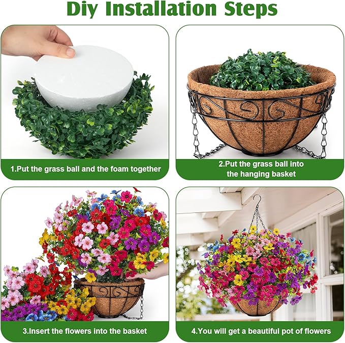 Ouddy Decor Artificial Hanging Flowers with Basket, Fake Hanging Plants with Faux Silk Flowers UV Resistant for Outdoors Indoors Spring Summer Porch Patio Balcony Yard Home Decorations, Multicolor