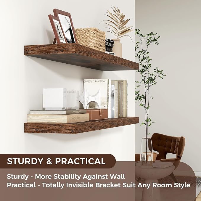 36" Wide x 8" Deep Floating Shelves for Wall, Rustic Brown, 2-Pack | Engineered Wood Wall Shelves with Invisible Brackets for Living Room, Bedroom, Bathroom, Office & Kitchen Storage