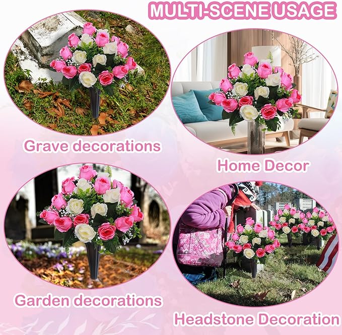 Lodou Set of 2 Artificial Cemetery Flowers, Memorial Flowers Bouquet,Grave Memorial Flowers with Vase for Cemetery Headstones Decoration (Pink White)