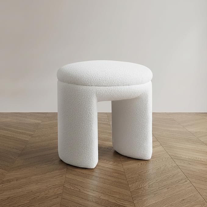 Furniture of America Rami Modern 18-inch Solid Wood Upholstered Ottoman with Pedestal Base, Vanity Stool Chair, Small Foot Stool for Bedroom, Living Room, Entryway, Beige
